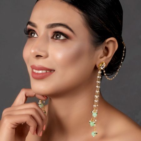 Kundan Green Beads Pearl Ear Chain Earrings Pair